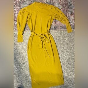 Eva Méndez Elegant Yellow Belted Dress